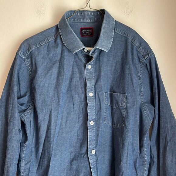 Untuckit Mitchell chambray Men's Indigo Button Down Shirt Classic large GUC - Picture 2 of 7